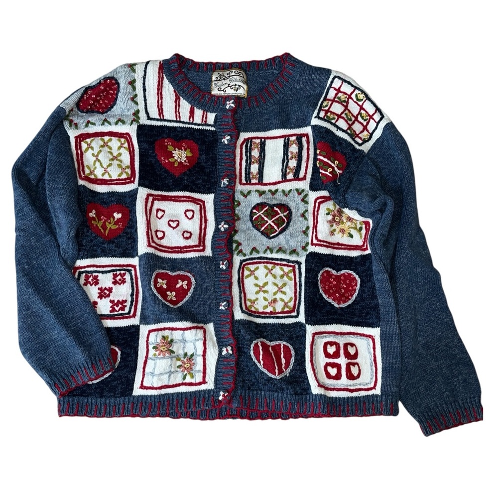 Vtg Cotton Blue Red Button Up Cardigan‎ Sweater S Grannycore Grandma Cottagecore
